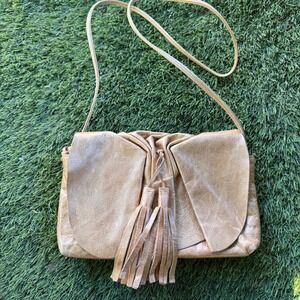 RARE VTG Signed Susan Farber Gold Leather Tassel Crossbody Bag Evening Purse